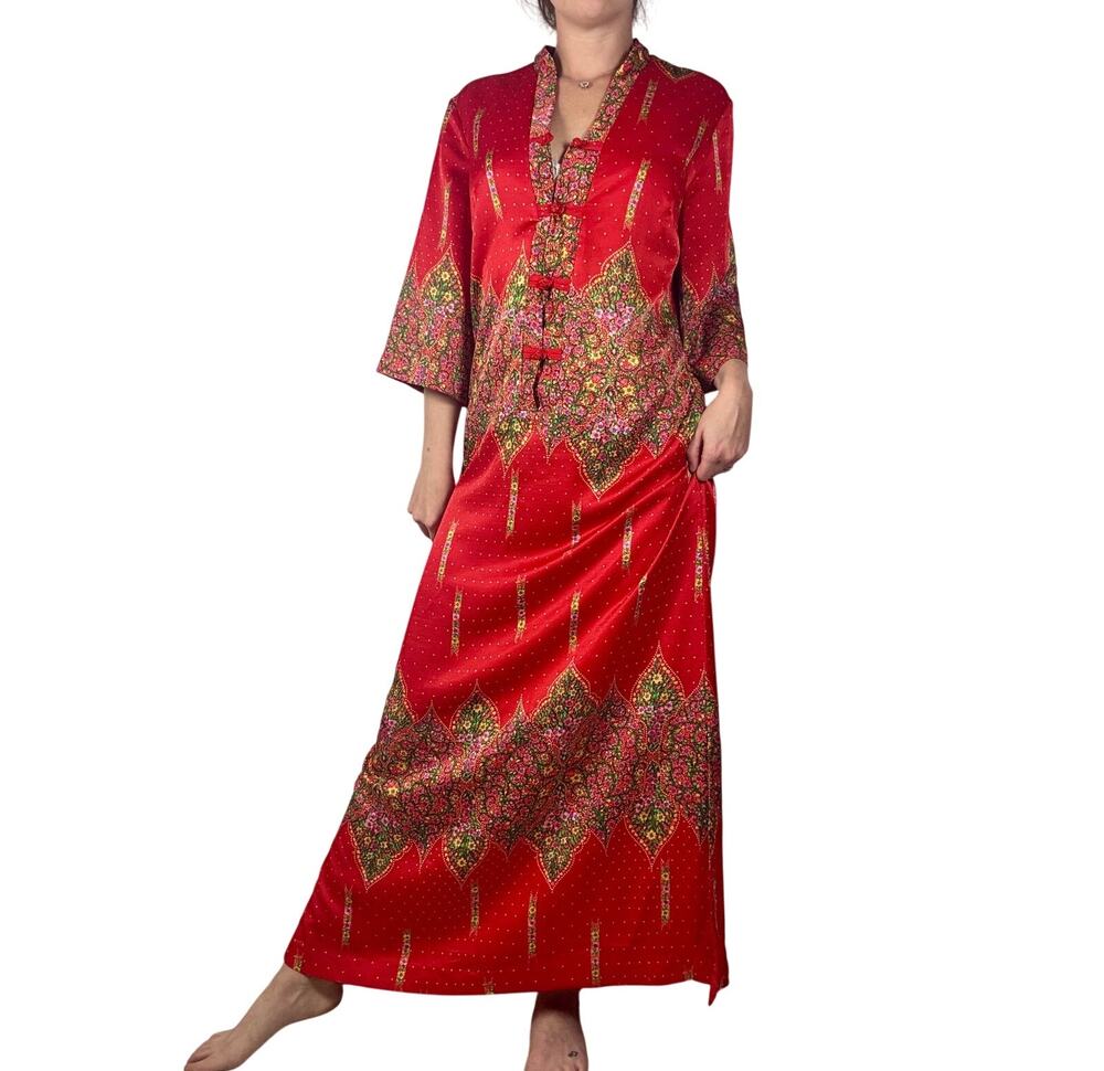 Vintage 70s Tori Richard Silk Caftan Red Paisley Floral Maxi Dress Frog Closure